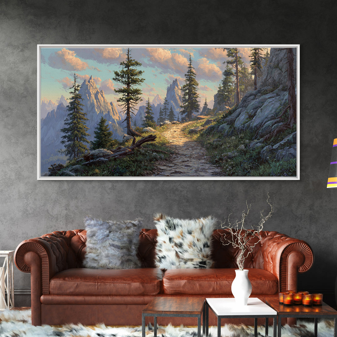 Mountain Landscape With Pine Trees And Rocky Path Scenic Nature Wall Art Framed Canvas Print For Living Room Decor