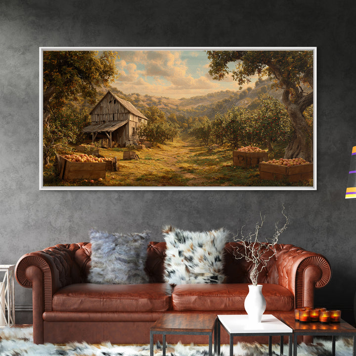 Classic Autumn Orchard Landscape With Barn And Horses Wall Art Canvas Print For Rustic Farmhouse Decor Living Room