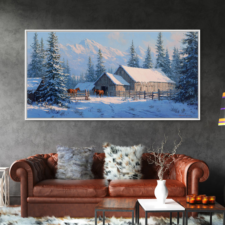 Charming Snowy Barn Winter Landscape Oil Painting Wall Art Framed Canvas Print Rustic Home Decor Cabin Living Room Art Print