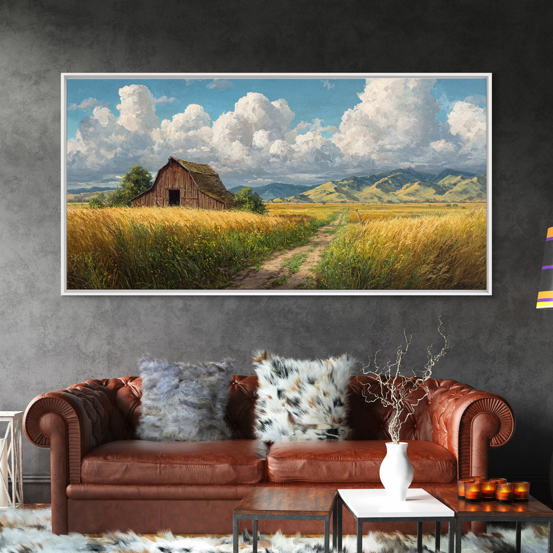 Classic Country Barn in Golden Autumn Field With Mountain Backdrop Oil Painting Canvas Print Wall Art for Rustic Home Decor