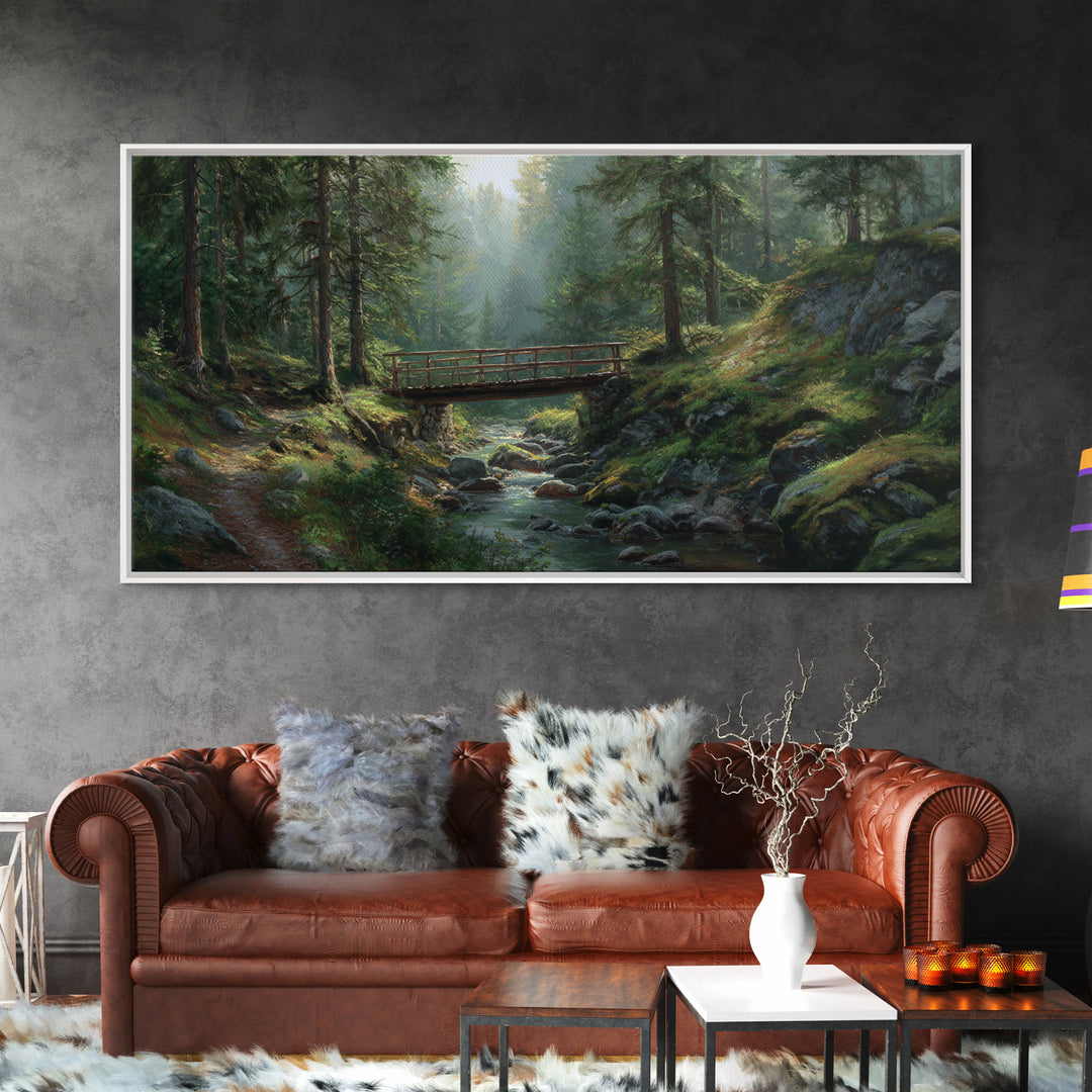 Peaceful Forest Stream Scenic Landscape Painting Large Wall Art Framed Canvas Print Rustic Nature Wall Decor For Living Room Bedroom
