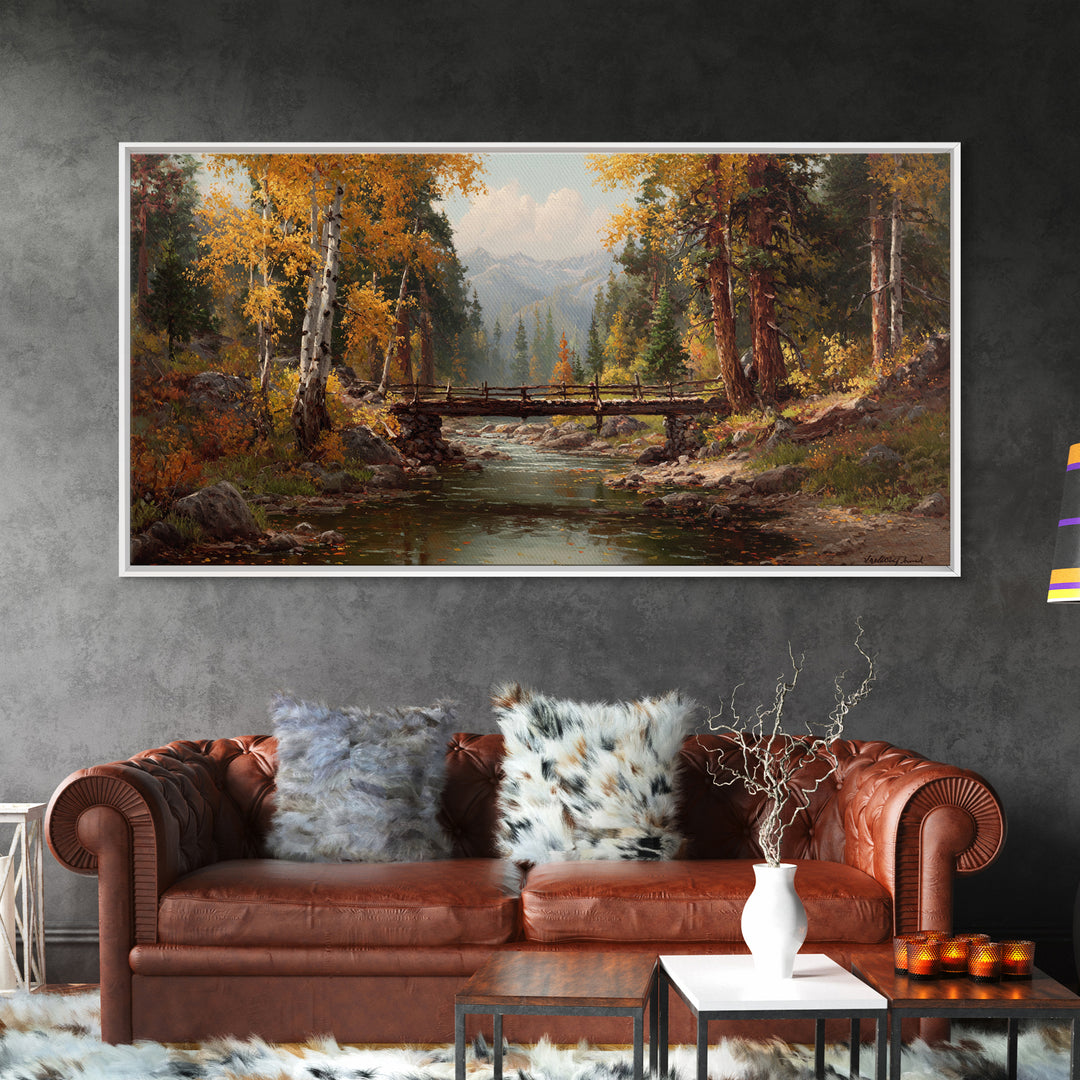 Peaceful Autumn Forest Landscape With Creek And Wooden Bridge Oil Painting Wall Art Framed Canvas Print