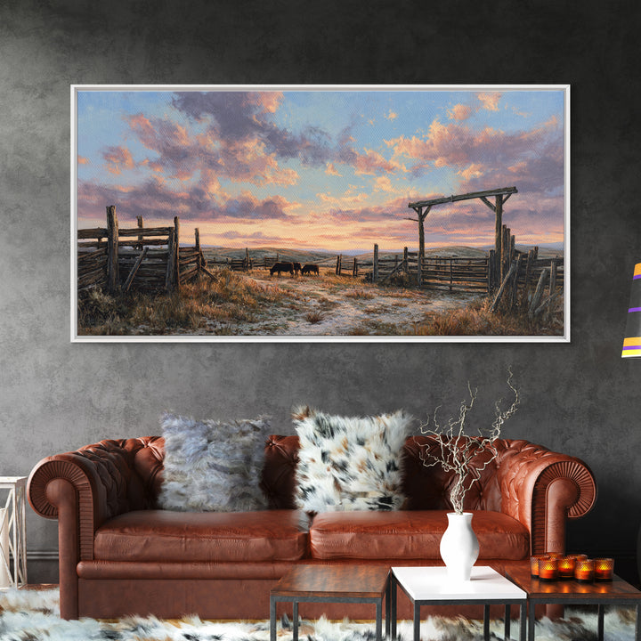 Rustic Western Ranch Sunset Landscape Painting Of Horses Grazing At Dusk Framed Canvas Print For Modern Wall Art And Home Decor
