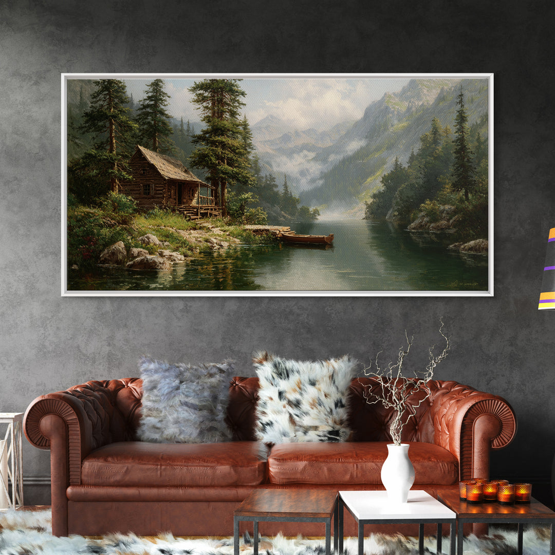 Peaceful Riverside Cabin Landscape Painting Wall Art Framed Canvas Print Rustic Home Decor Large Art Print