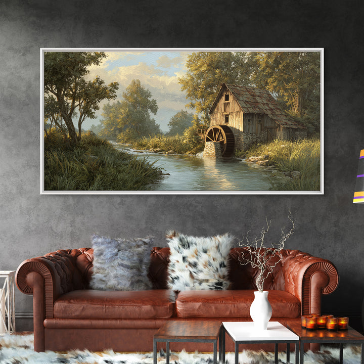 Rustic Watermill On River Landscape Oil Painting Canvas Print Wall Art For Cozy Farmhouse Home Decor