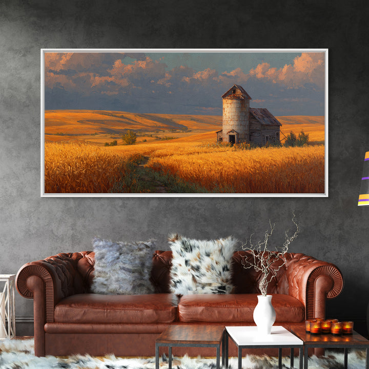 Rustic Barn In Golden Wheat Field Landscape Painting Beautiful Country Scene Wall Art Framed Canvas Print For Farmhouse Decor