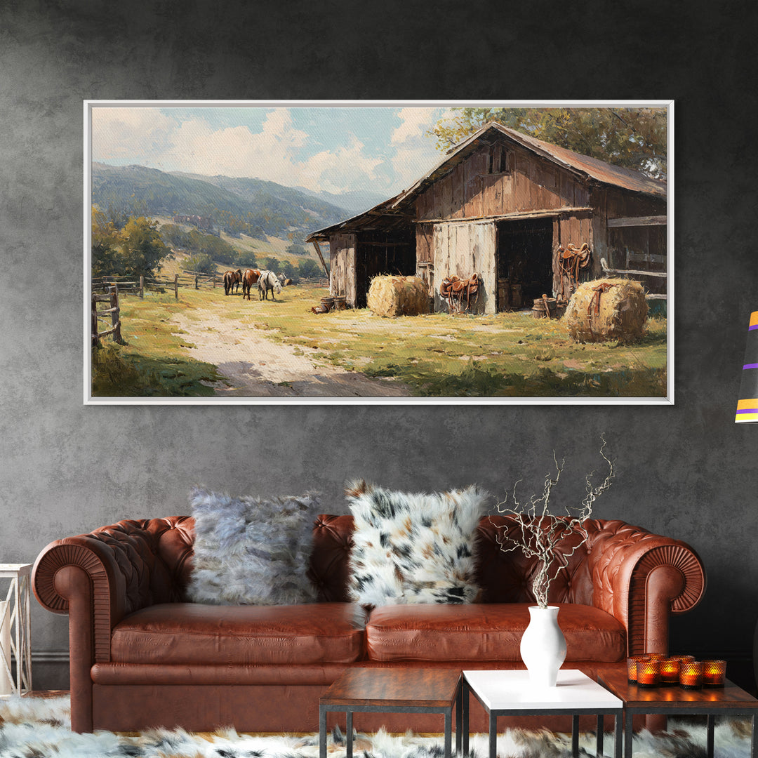 Rustic Western Hay Bales And Horses In Countryside Oil Painting Canvas Print For Farmhouse Wall Art And Country Home Decor