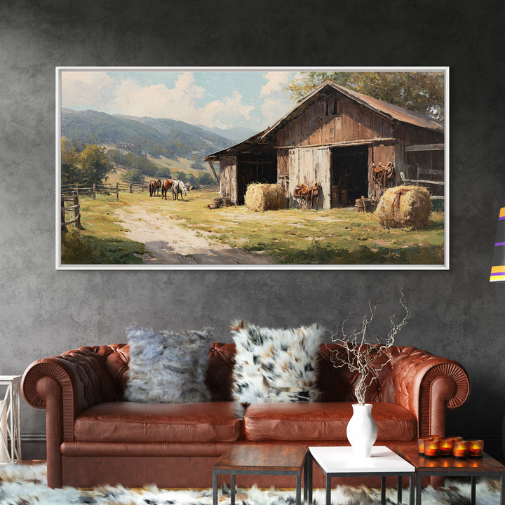 Rustic Western Hay Bales And Horses In Countryside Oil Painting Canvas Print For Farmhouse Wall Art And Country Home Decor