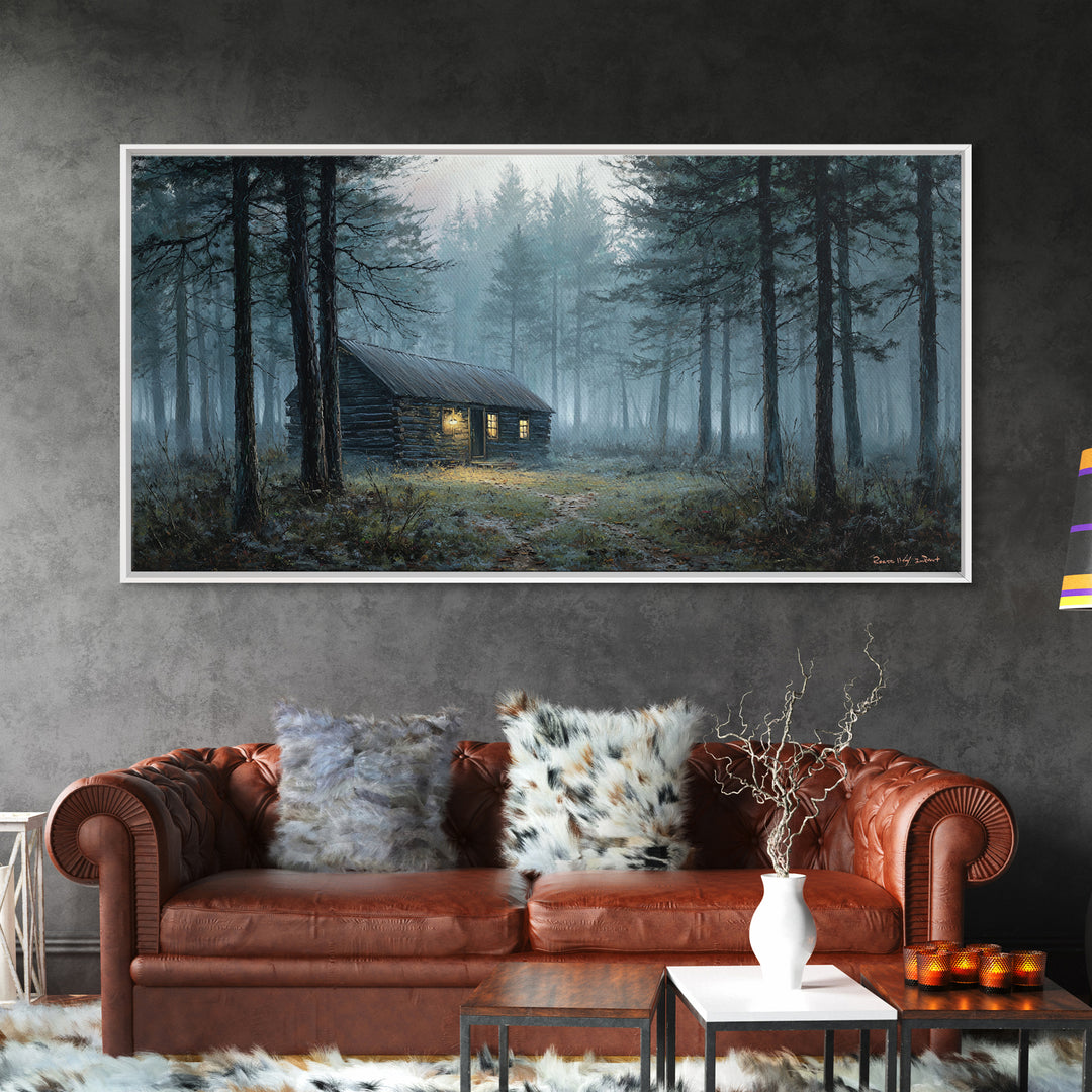 Misty Forest Cabin Landscape Wall Art Framed Canvas Print Cozy Rustic Home Decor Nature Painting