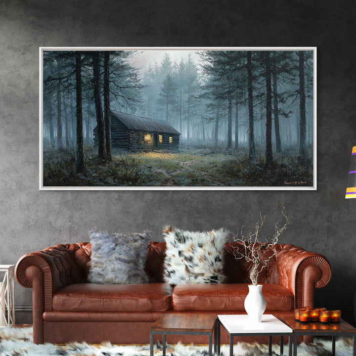 Misty Forest Cabin Landscape Wall Art Framed Canvas Print Cozy Rustic Home Decor Nature Painting