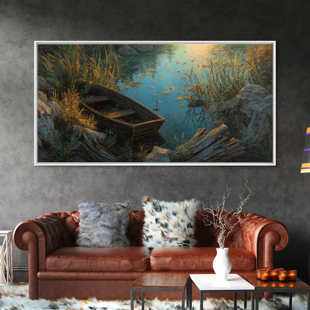Rustic Oil Painting Capturing Quiet Lakeside With Old Wooden Boat Among Calm Water And Rocks Serene Nature Wall Art For Home Decor Framed Canvas Print