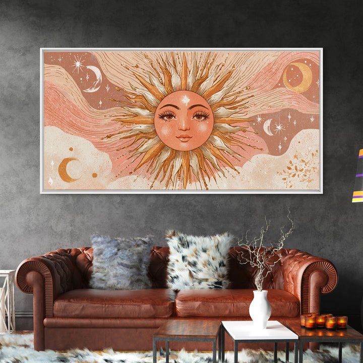 Boho Sun Face Wall Art, Celestial Moon And Stars Illustration, Terracotta Mystical Decor, Whimsical Nursery Art Print Gift