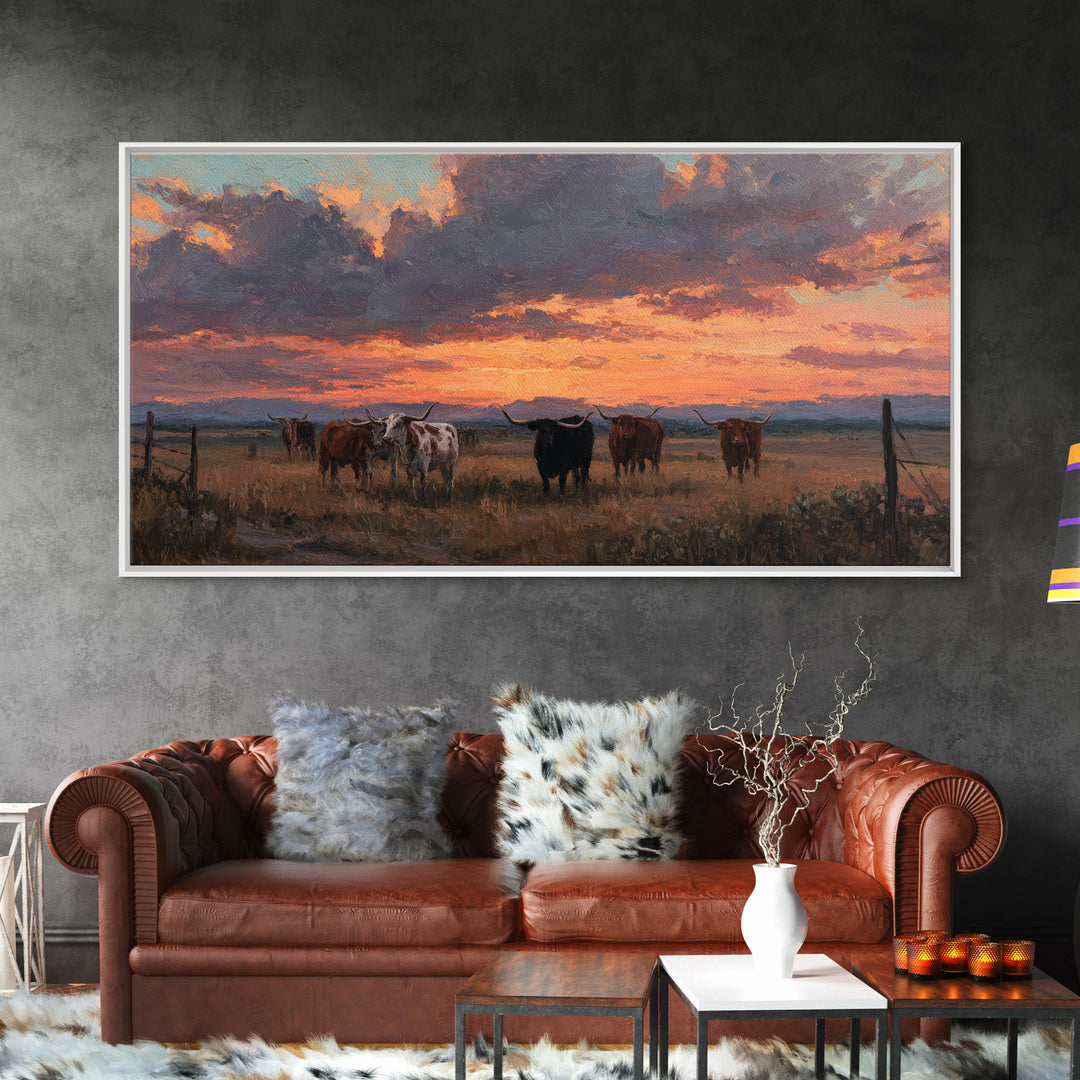 Dramatic Sunset Over Cattle Ranch With Vibrant Sky And Silhouetted Herd Canvas Print Large Wall Art For Rustic Decor