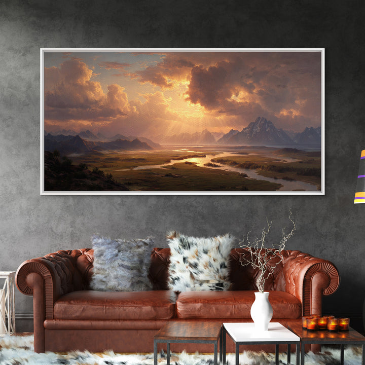 Sunset Mountain River Landscape Wall Art With Warm Golden Light Rays Illuminating Nature For Rustic Home Decor And Large Canvas Print