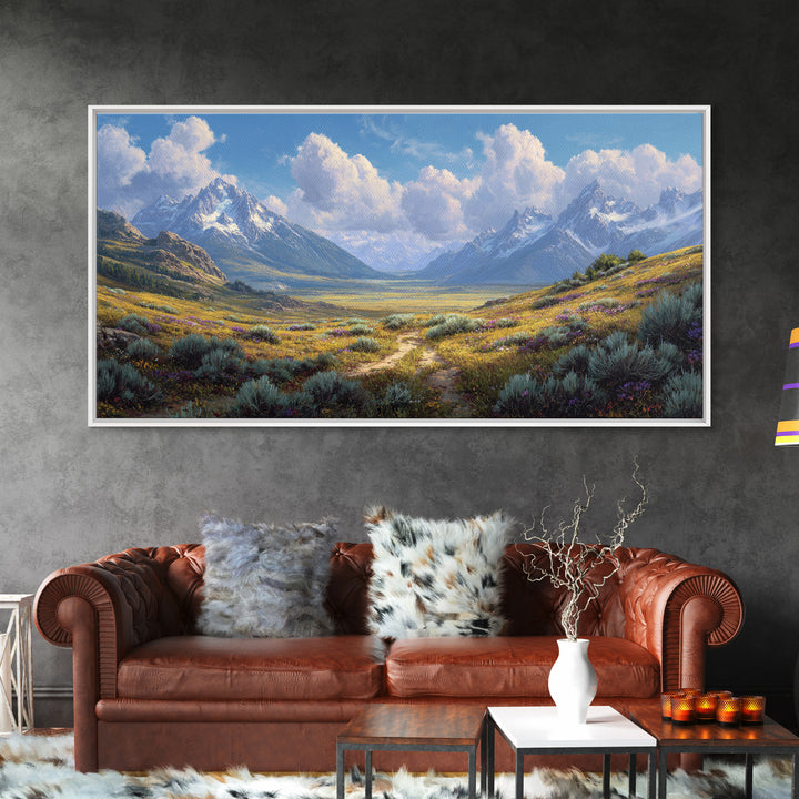 Stunning Realistic Mountain Landscape Painting Canvas Print Featuring Wildflowers And Blue Sky Large Wall Art For Living Room Decor