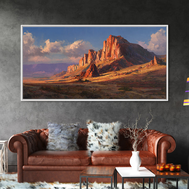 Warm Autumnal Mountain Landscape Oil Painting With Trees And Bridge Cozy Rustic Wall Art Framed Canvas