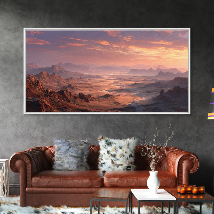 Expansive Desert Canyon Landscape With Warm Sunset Glow Moody Wall Art Framed Canvas Print Suitable For Living Room Decor