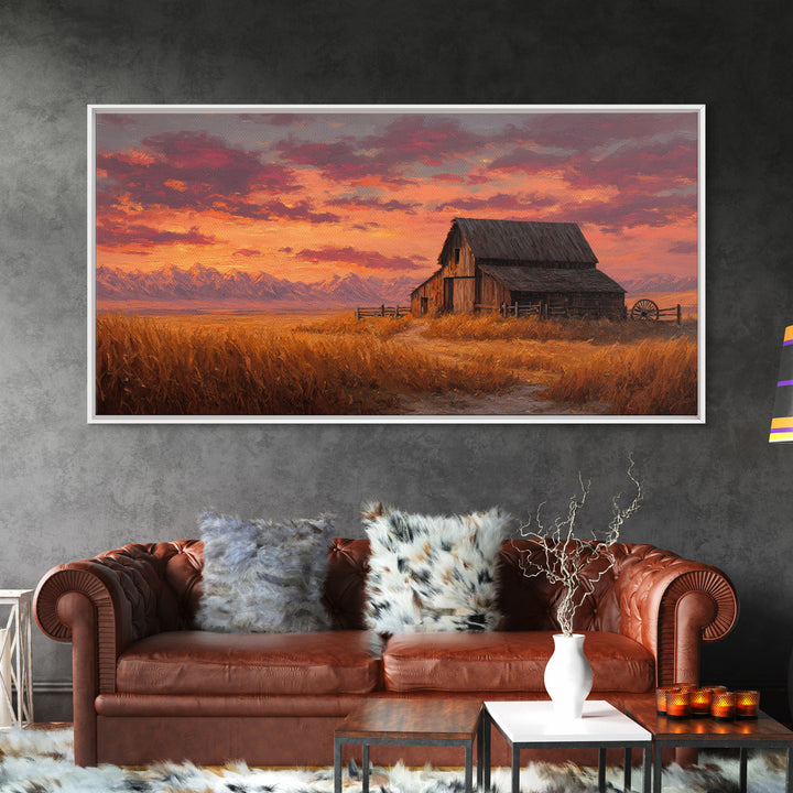 Rustic Old Wooden Barn With Wheat Field Landscape Rustic Wall Art Painted Canvas Print Farmhouse Decor Framed Wall Art