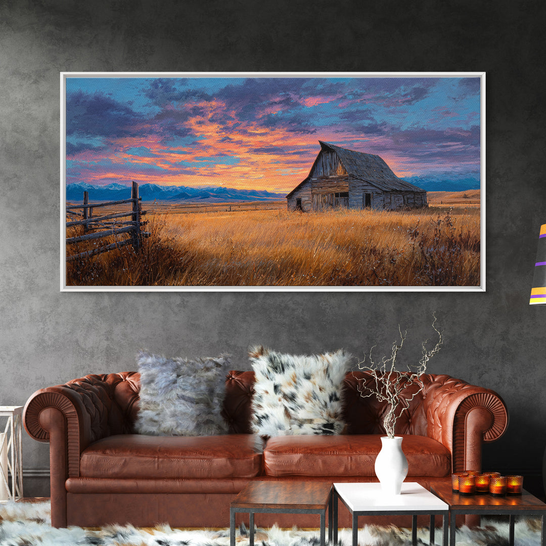 Rustic Barn Landscape Oil Painting With Golden Field And Mountain Background, Large Wall Art Canvas Print For Farmhouse Decor