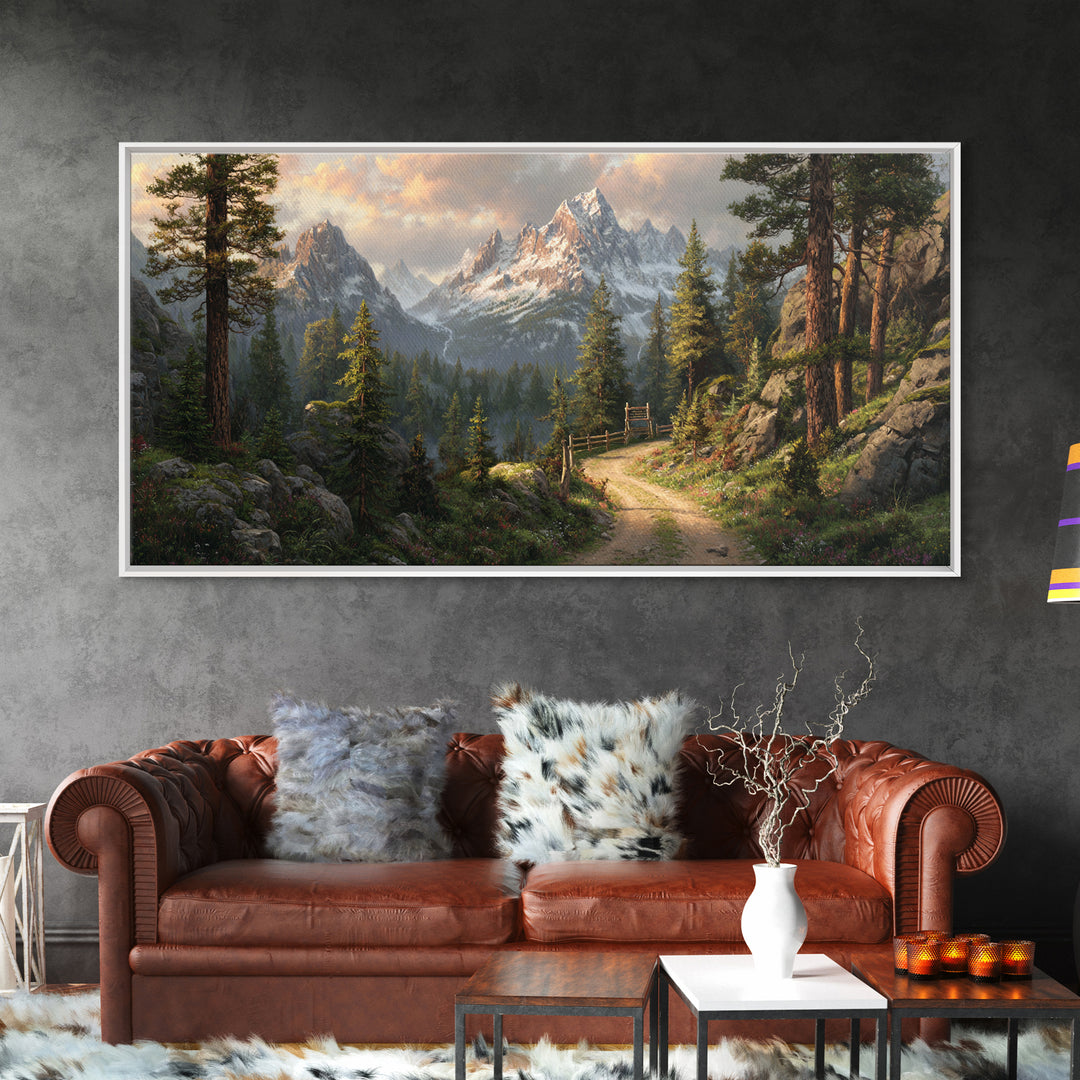 Majestic Mountain Path With Lush Pine Trees Wall Art Framed Canvas Print Landscape Painting For Rustic Home Decor Cabin Art