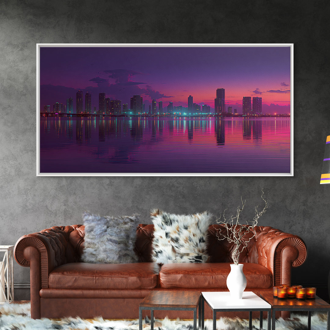 City Skyline At Dusk Stunning Sunset Colors Reflecting On Water Large Wall Art Framed Canvas Print Home Decor