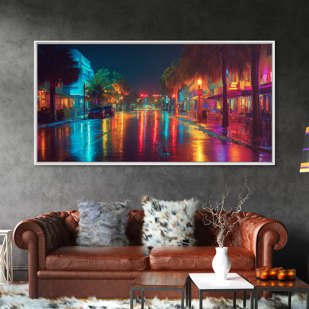 Colorful Night City Street With Neon Lights And Reflections On Wet Pavement Modern Wall Art Print Canvas