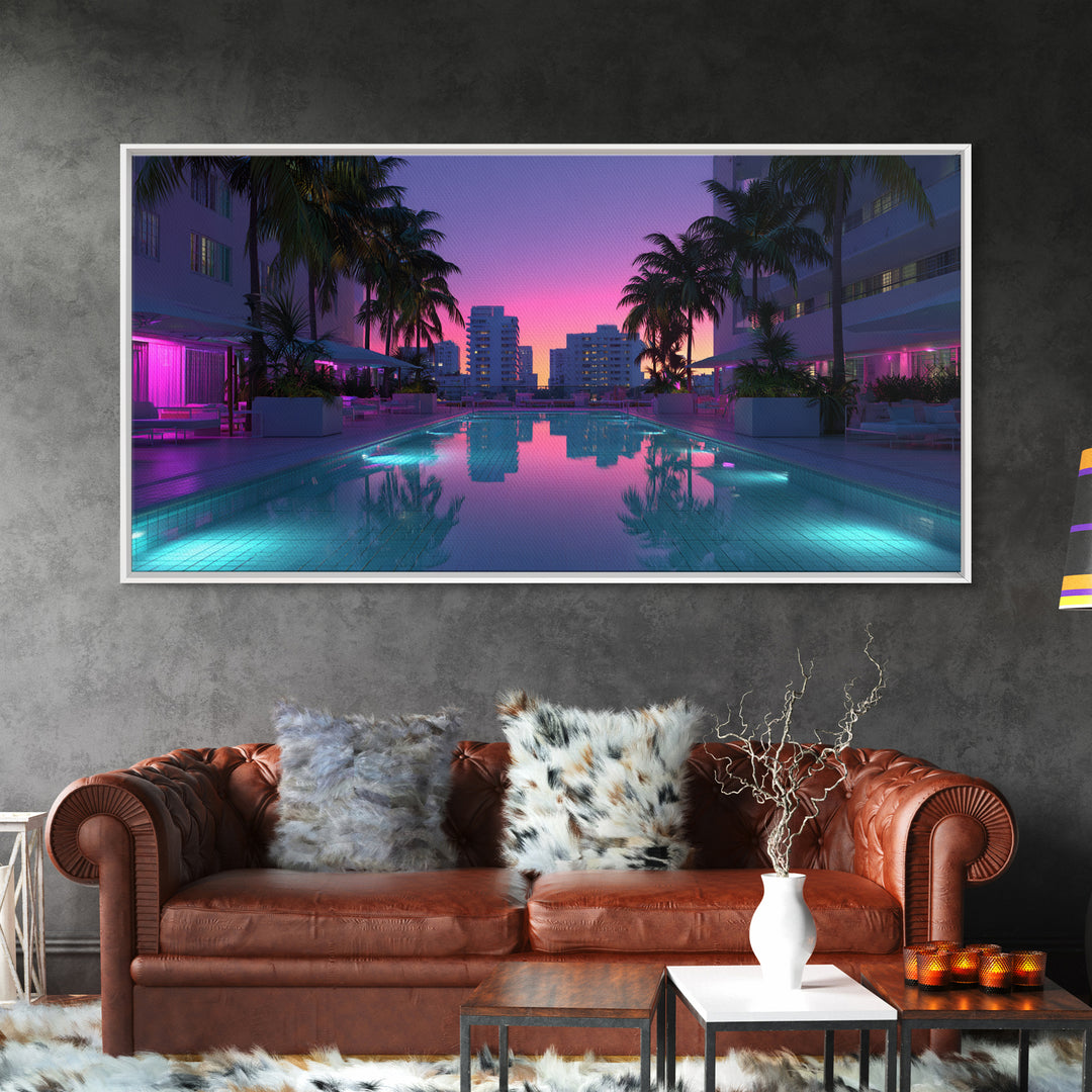 Luxury Modern Miami City Pool Sunset Palm Trees Reflected In Water For Chic Living Room Decor Framed Canvas Print