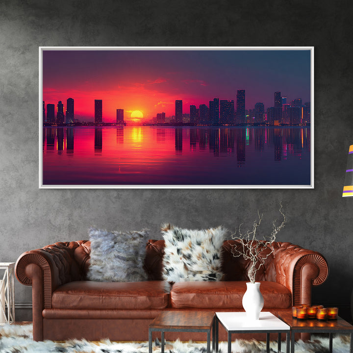 Vibrant Sunset Over City Skyline Reflected On Water Contemporary Wall Art For Living Room Decor Framed Canvas Print With Modern Home Decor Appeal