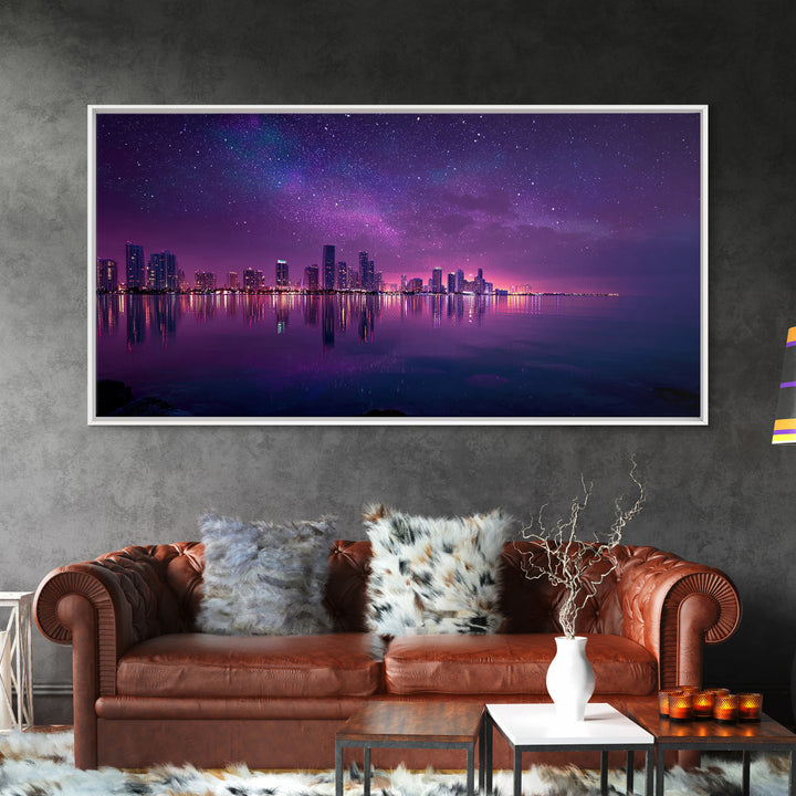 Vibrant Neon Purple City Skyline At Night With Starry Sky Reflections Wall Art Modern Wall Decor Canvas Print