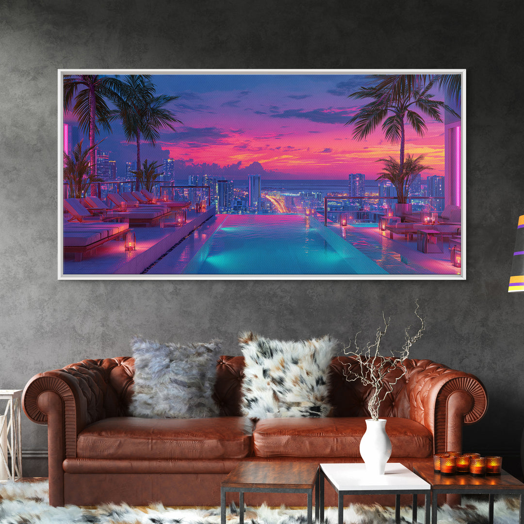 Vibrant Sunset Rooftop Pool Scene With Palm Trees And Cityscape Background Wall Art For Home Decor Framed Canvas Print