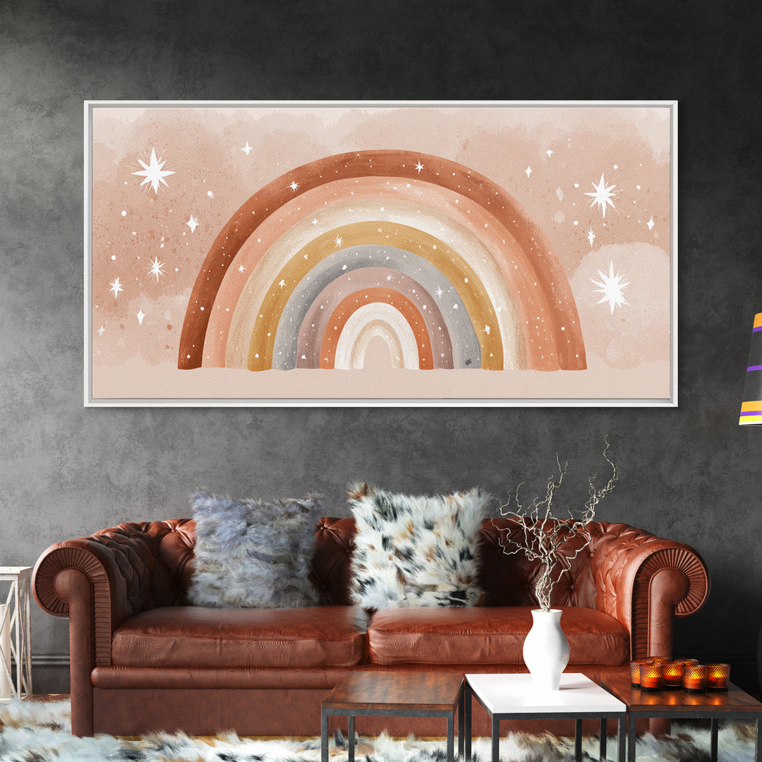 Starry Watercolor Rainbow Wall Art, Pastel Nursery Decor, Kids Room Wall Art, Boho Prints, Baby Shower Gift, Framed Canvas Print