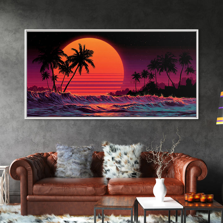 Retro Sunset Palm Trees Digital Art Canvas Print Wall Art Living Room Decor Tropical Beach Scene Large Framed Canvas Print Home Decor