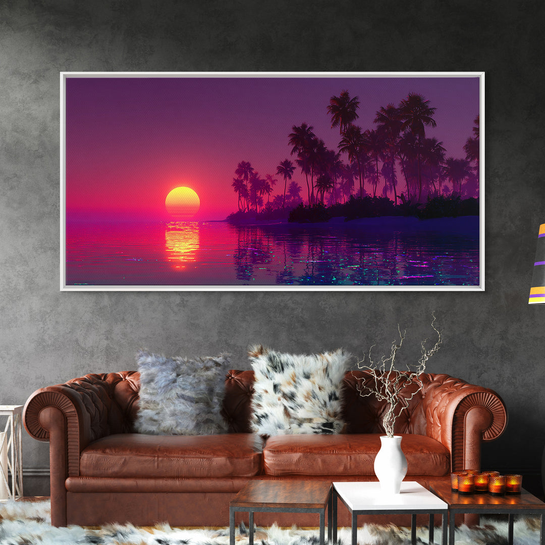 Tropical Sunset Beach Scene With Palm Trees Framed Canvas Print, Vibrant Coastal Wall Art For Living Room And Tropical Home Decor