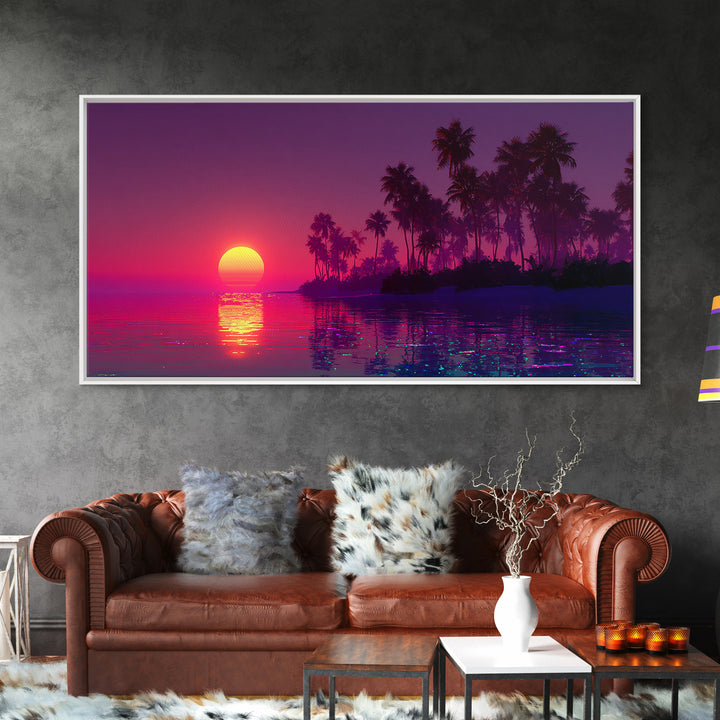 Tropical Sunset Beach Scene With Palm Trees Framed Canvas Print, Vibrant Coastal Wall Art For Living Room And Tropical Home Decor