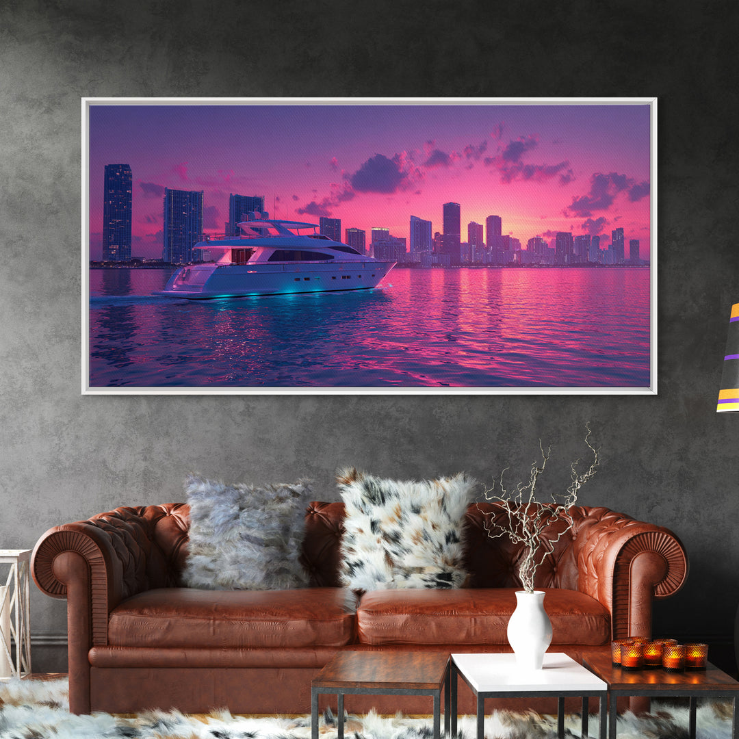 Luxury Yacht Sailing At Vibrant Pink Sunset Skyline With Modern Cityscape Featured As Wall Art For Home Decor