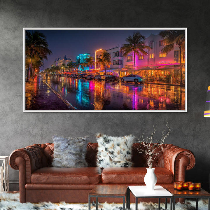 Neon City Night Street Scene Vibrant Urban Wall Art Canvas Print Modern Home Decor Living Room Art