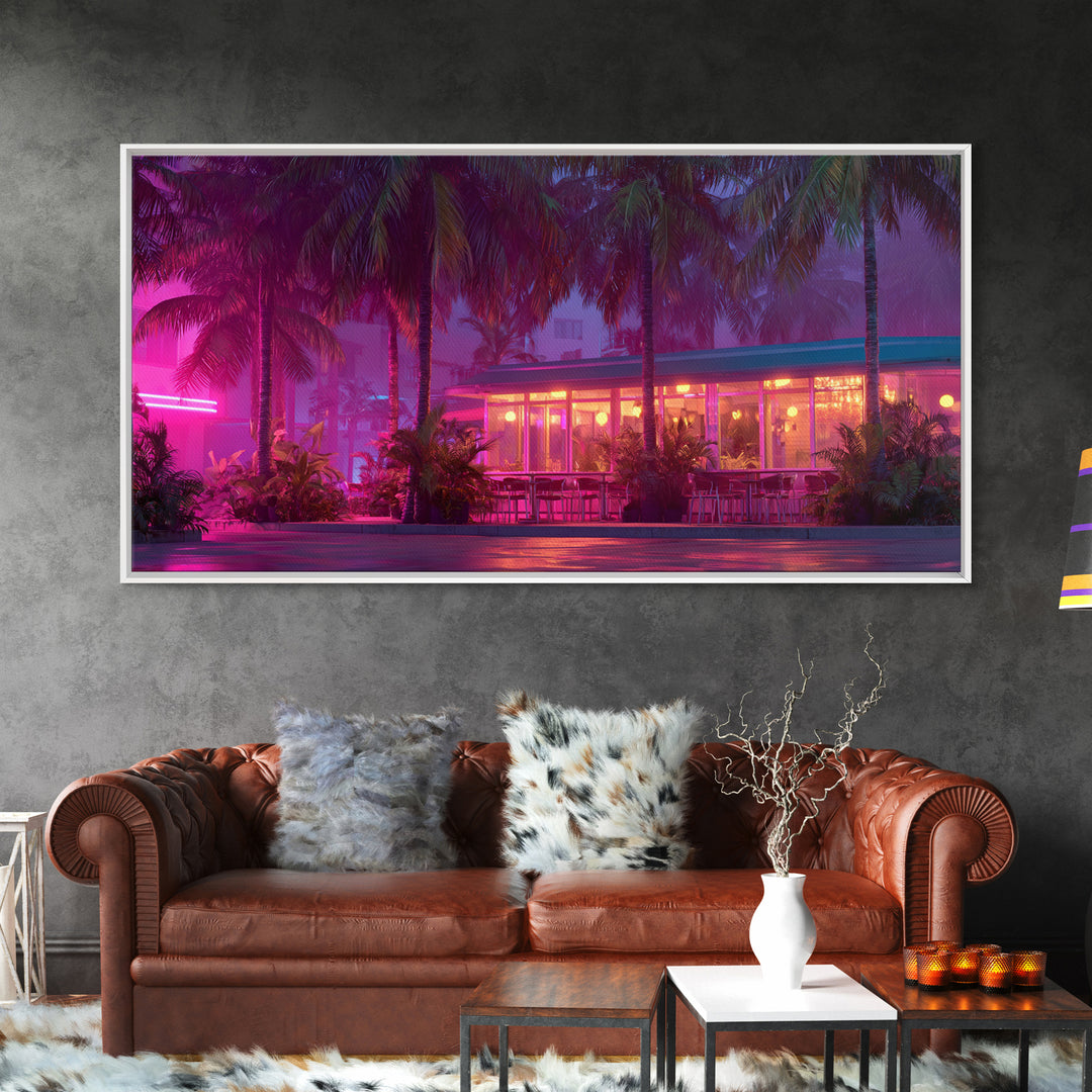 Vibrant Neon Lit Tropical Cafe At Night Palm Trees Retro Miami Style Wall Art Prints For Home Decor