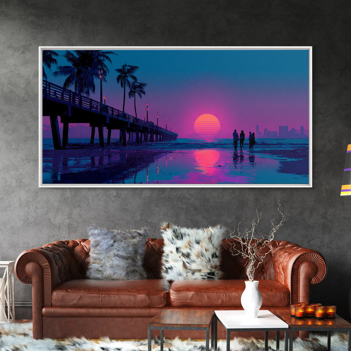 Vibrant Neon Sunset Beach Scene With Silhouettes Of People Framed Canvas Print Coastal Wall Art For Modern Living Room And Bedroom Decor