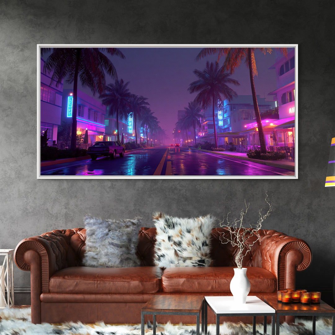 Night City Street Scene With Neon Lights And Palm Trees, Framed Canvas Print For Retro Wall Art And Miami Home Decor