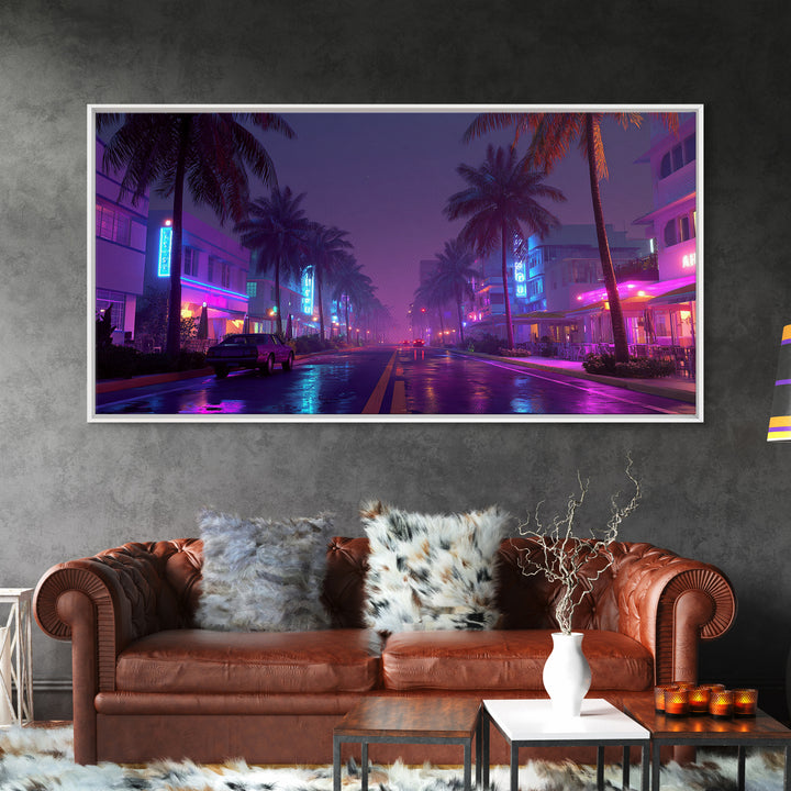 Night City Street Scene With Neon Lights And Palm Trees, Framed Canvas Print For Retro Wall Art And Miami Home Decor