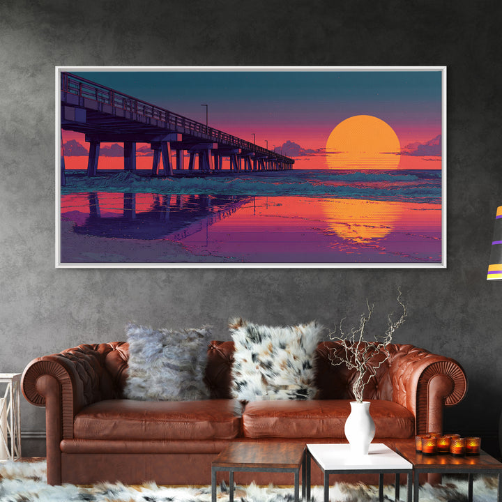 Sunset Pier Over Calm Ocean Waves Vibrant Pink Purple Beach Scene Wall Art Framed Canvas Print Coastal Home Decor