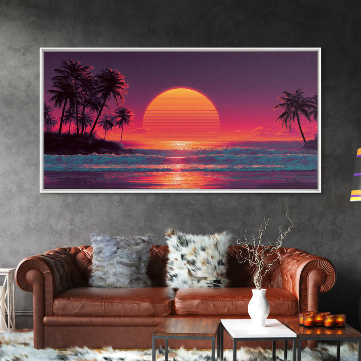Vibrant Retro Sunset Tropical Beach Scene Digital Art Print Wall Art Framed Canvas Print Coastal Home Decor