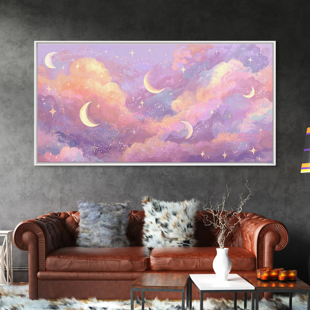 Pastel Crescent Moon Cloud Wall Art, Celestial Wall Art, Dreamy Nursery Decor, Whimsical Decor, Pink Bedroom Art, Canvas Print