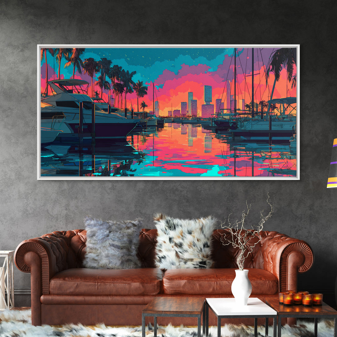 Colorful Harbor Scene With Boats Palm Trees And Sunset Sky Vibrant Contemporary Wall Art Canvas Print