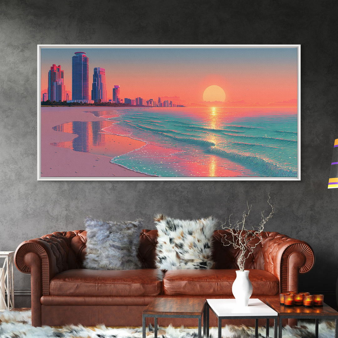 Vibrant Sunset Over Modern Coastal City Beach With Reflective Waves Wall Art Framed Canvas Print For Home Decor