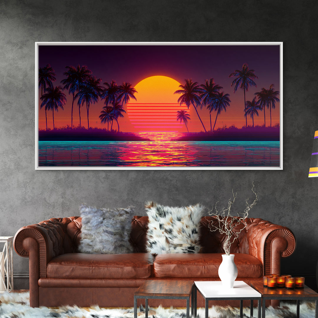 Retro Sunset Beach Palm Trees Digital Art Print Vibrant Coastal Wall Art Canvas Print Modern Boho Decor
