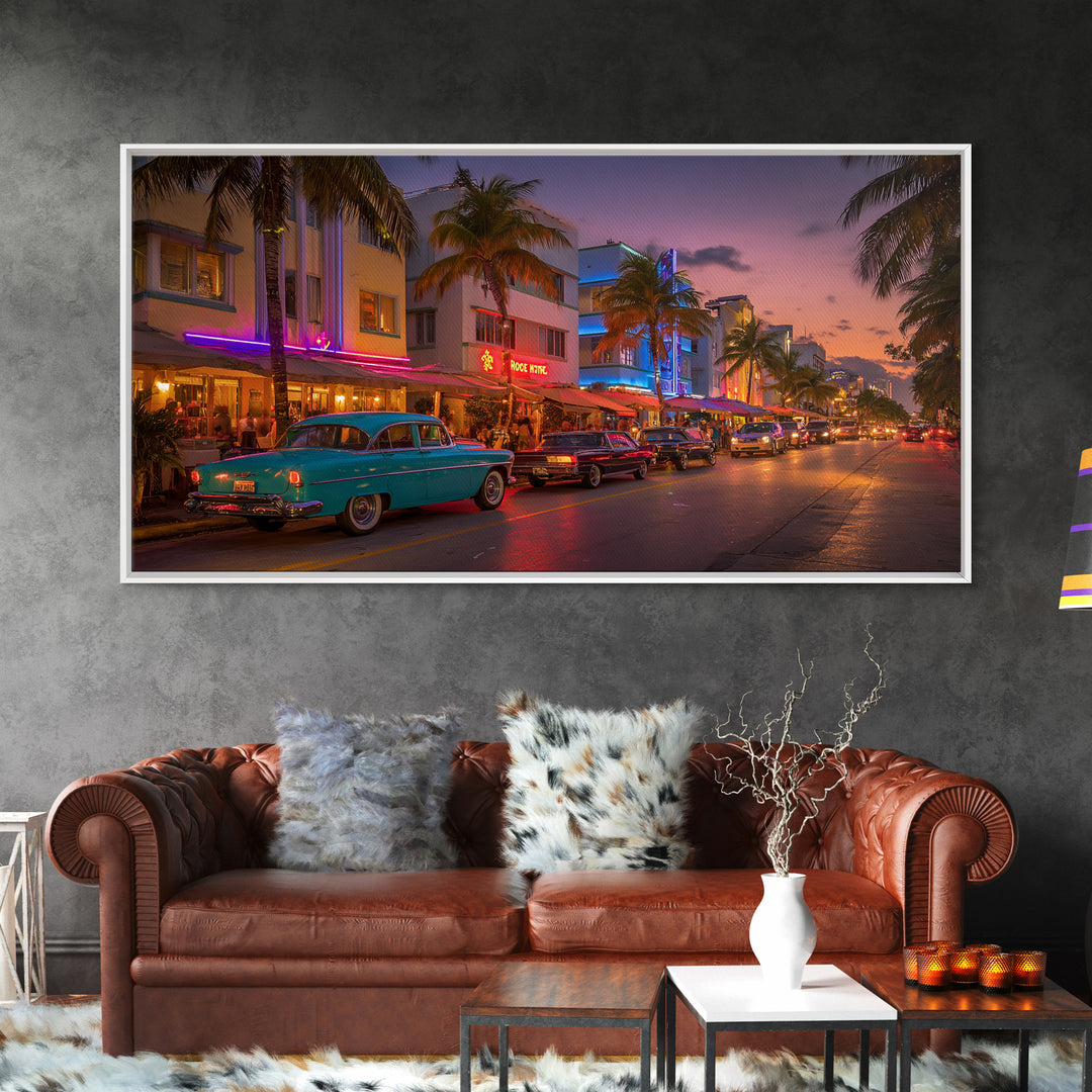 Vintage Urban Miami Beach Scene At Sunset With Classic Cars And Palm Trees Wall Art Canvas Print