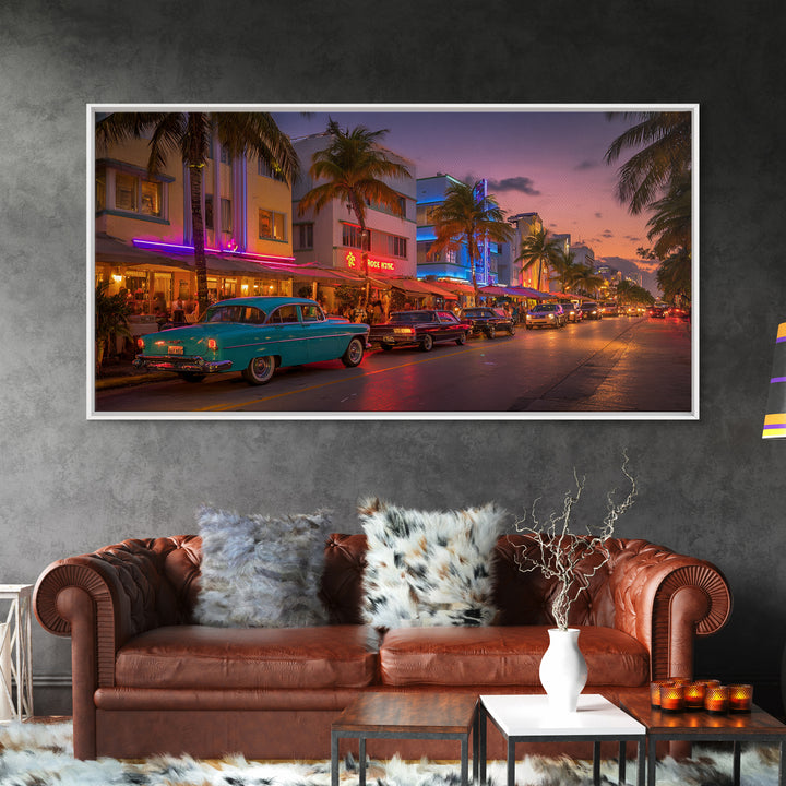 Vintage Urban Miami Beach Scene At Sunset With Classic Cars And Palm Trees Wall Art Canvas Print