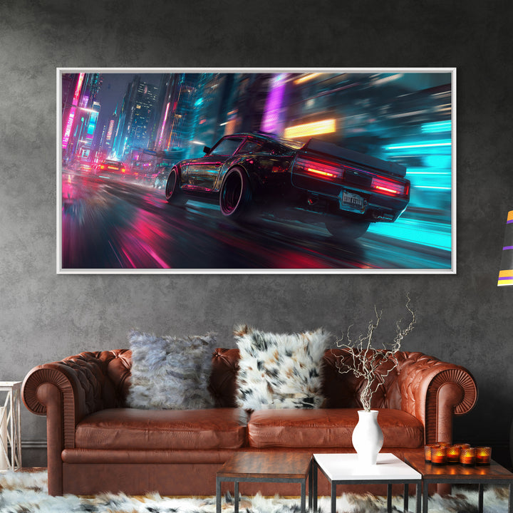 Neon Lit Sports Car Racing Down City Street At Night Featuring Vibrant Pink And Blue Modern Wall Art For Car Fans