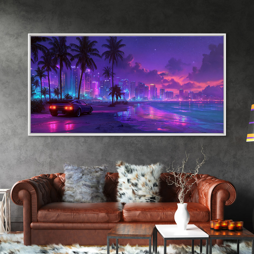 Cyberpunk Cityscape Night Scene With Neon Lights And Sports Car Modern Digital Art Canvas Print For Trendy Wall Art Home Decor